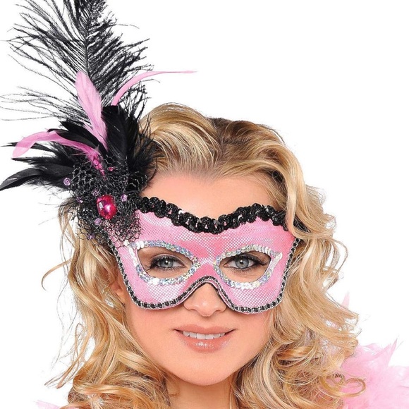 Flirty Feather Masquerade Mask Pink Silver Sequin Halloween Dress Up Costume NWT - Picture 3 of 6